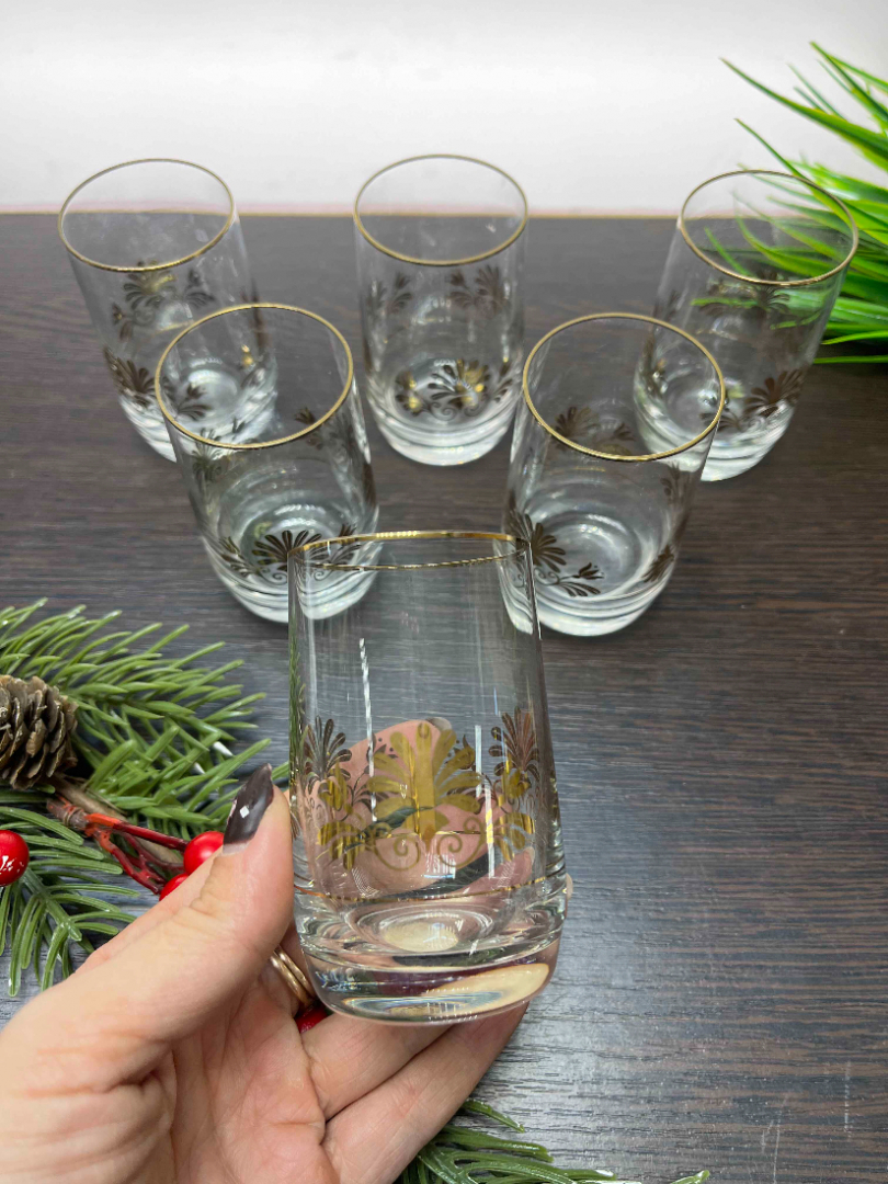 Стаканы Богемия, Чехословакия. Тонкое стекло, золотой орнамент. Этикетка. Цена за 6 шт. Картинка 3